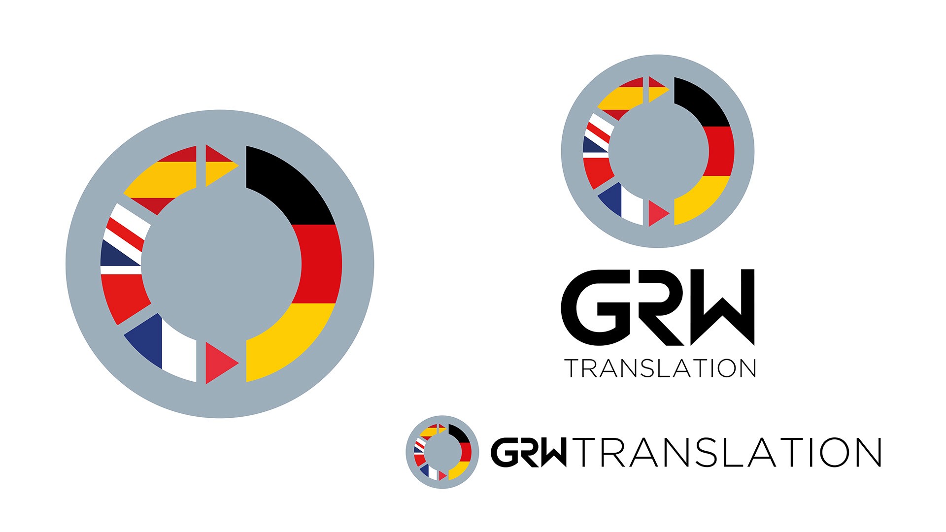 GRW Translation logo suite showing primary mark stacked lockup and horizontal variant by Huw Mathias graphic designer