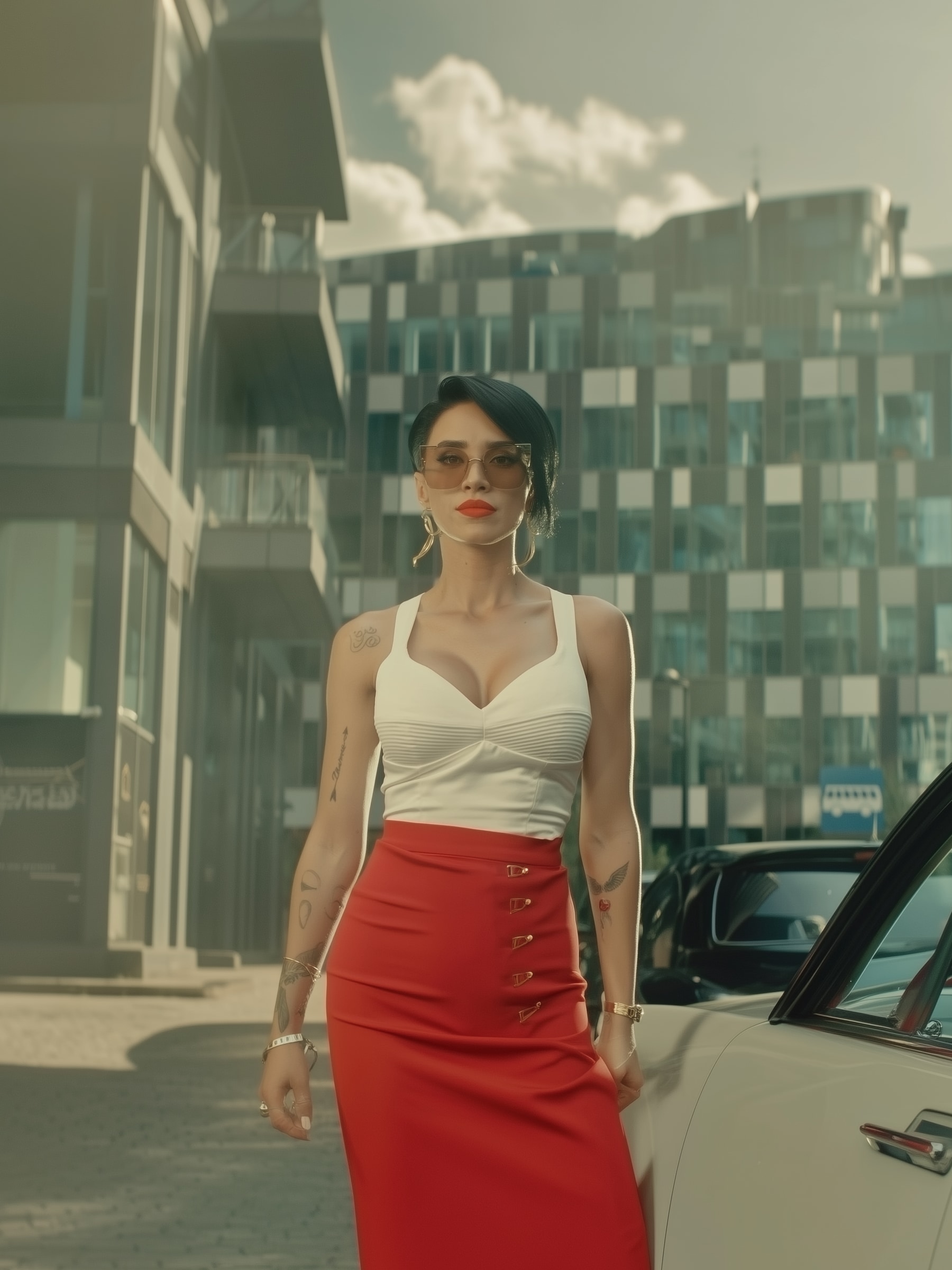 Adelina Pestrițu standing confidently beside a car in a modern city setting, wearing a white top and red skirt.