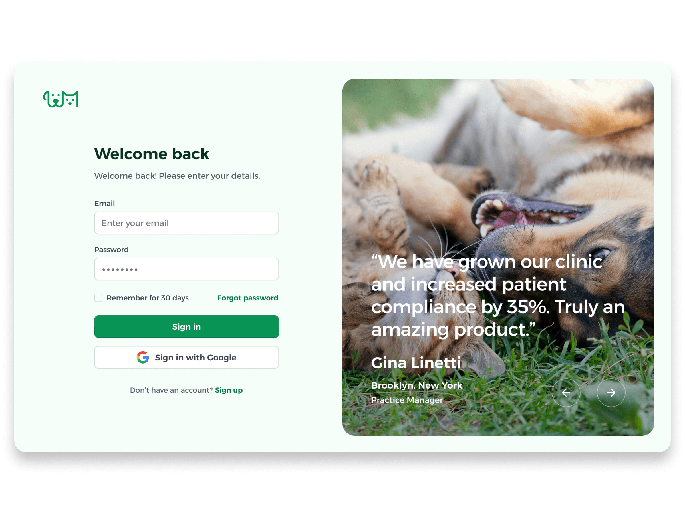 A veterinary care dashboard login screen