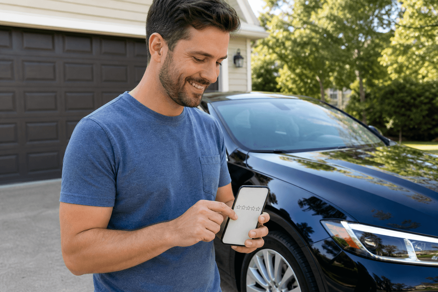 Customer leaving a review on their phone next to their freshly detailed car