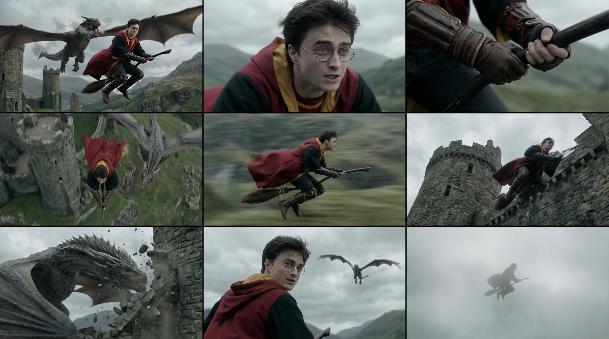 Cinematic storyboard contact sheet, 3x3 grid, photorealistic film still style. Panel 1: Wide shot of young wizard in red/gold robes flying broomstick away from grey dragon, Scottish mountains. Panel 2: Close-up of wizard boy with round glasses looking terrified, wind blowing hair. Panel 3: Extreme close-up of leather-gloved hands gripping broom handle tight. Panel 4: Top-down view of wizard diving vertically toward grey castle tower, dragon following. Panel 5: Side profile of wizard on broom moving fast, motion blur. Panel 6: Low angle looking up at wizard banking hard around a stone turret. Panel 7: Close-up of dragon scales crashing into stone wall, debris flying. Panel 8: Wizard looking back over shoulder, dragon far behind in distance. Panel 9: Wide shot of wizard flying into white mist, silhouette. Style: 8k resolution, cinematic color grading, desaturated greens and greys, overcast lighting, Arri Alexa texture, consistent character identity across all panels.