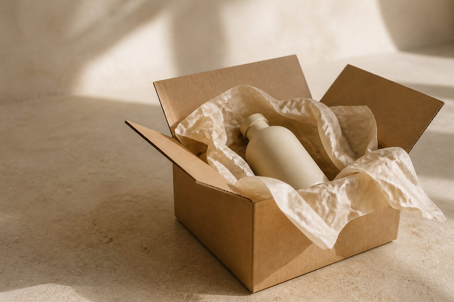 An open kraft shipping box with one unbranded bottle and no paperwork in frame