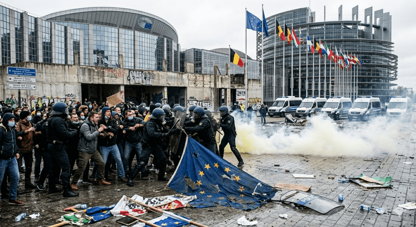 Protesters clash with riot police outside the European Parliament amid smoke and debris.
