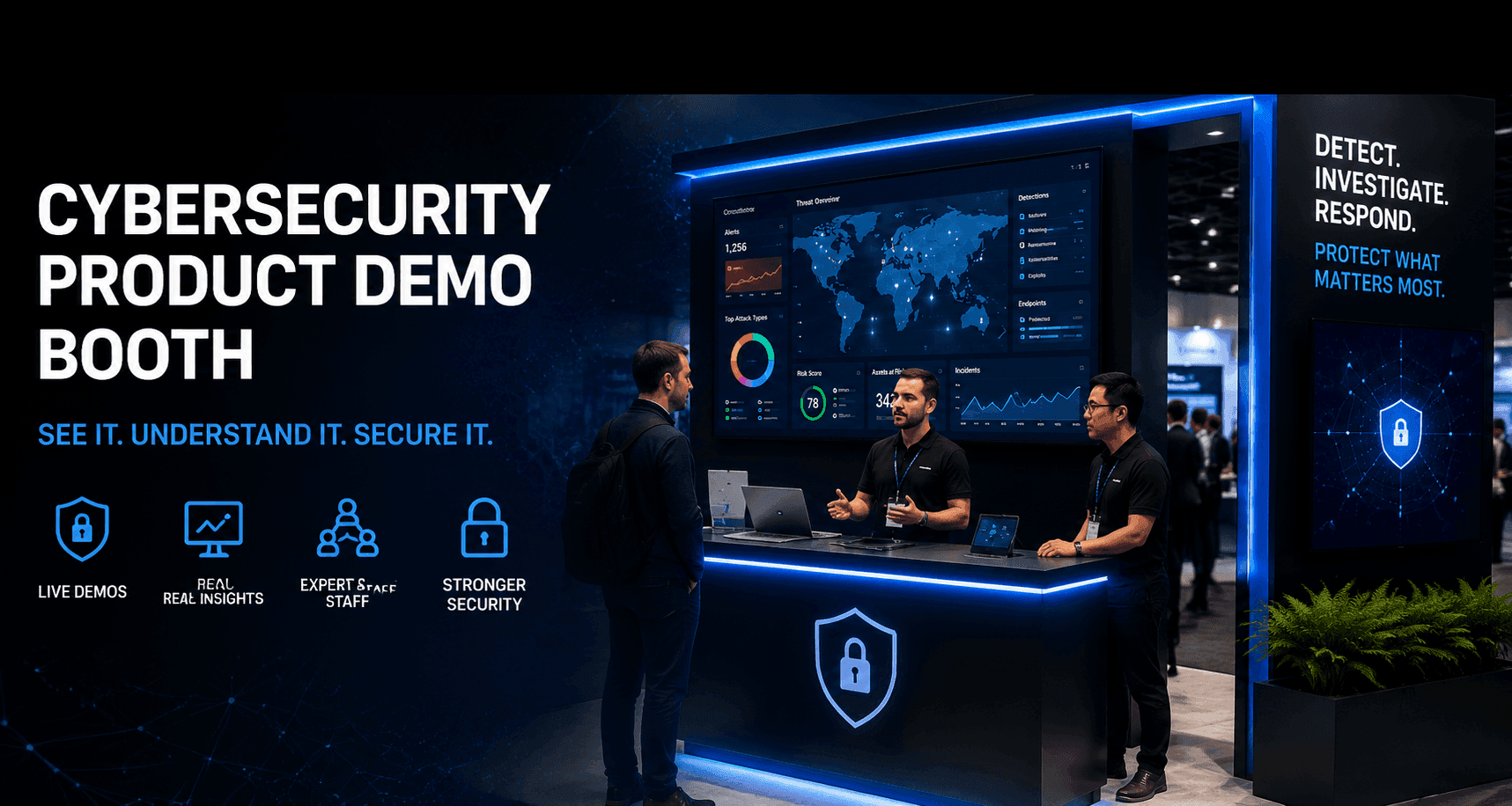 Black Hat USA cybersecurity product demo booth with screen-led product demos, demo counters, booth graphics, technical staff handoff, and show-site setup planning