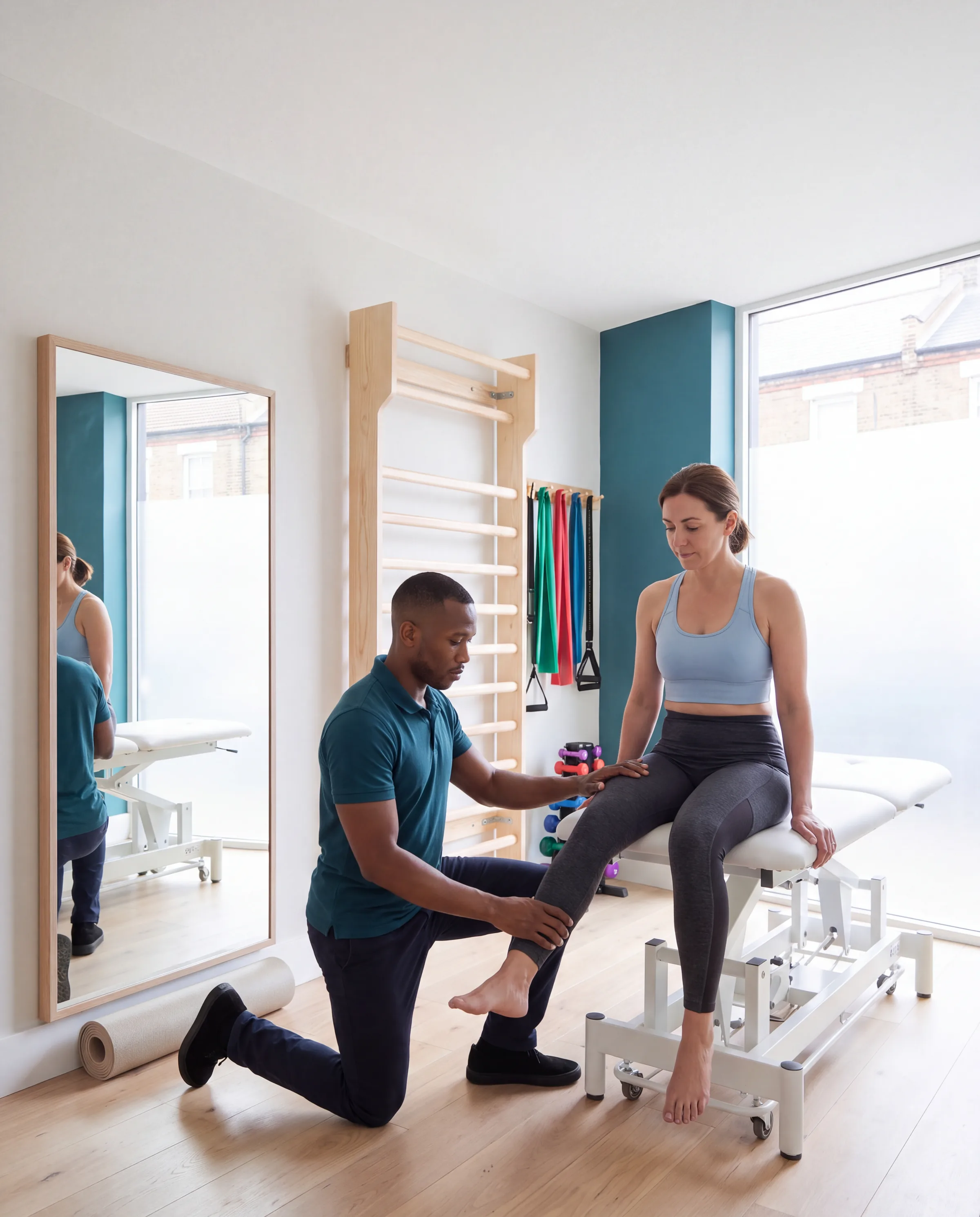 A physiotherapist guiding a patient's knee in the treatment room
