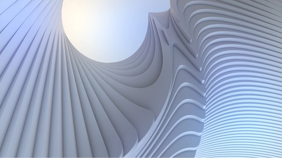 Abstract architectural structure with curved, flowing white lines and soft lighting.
