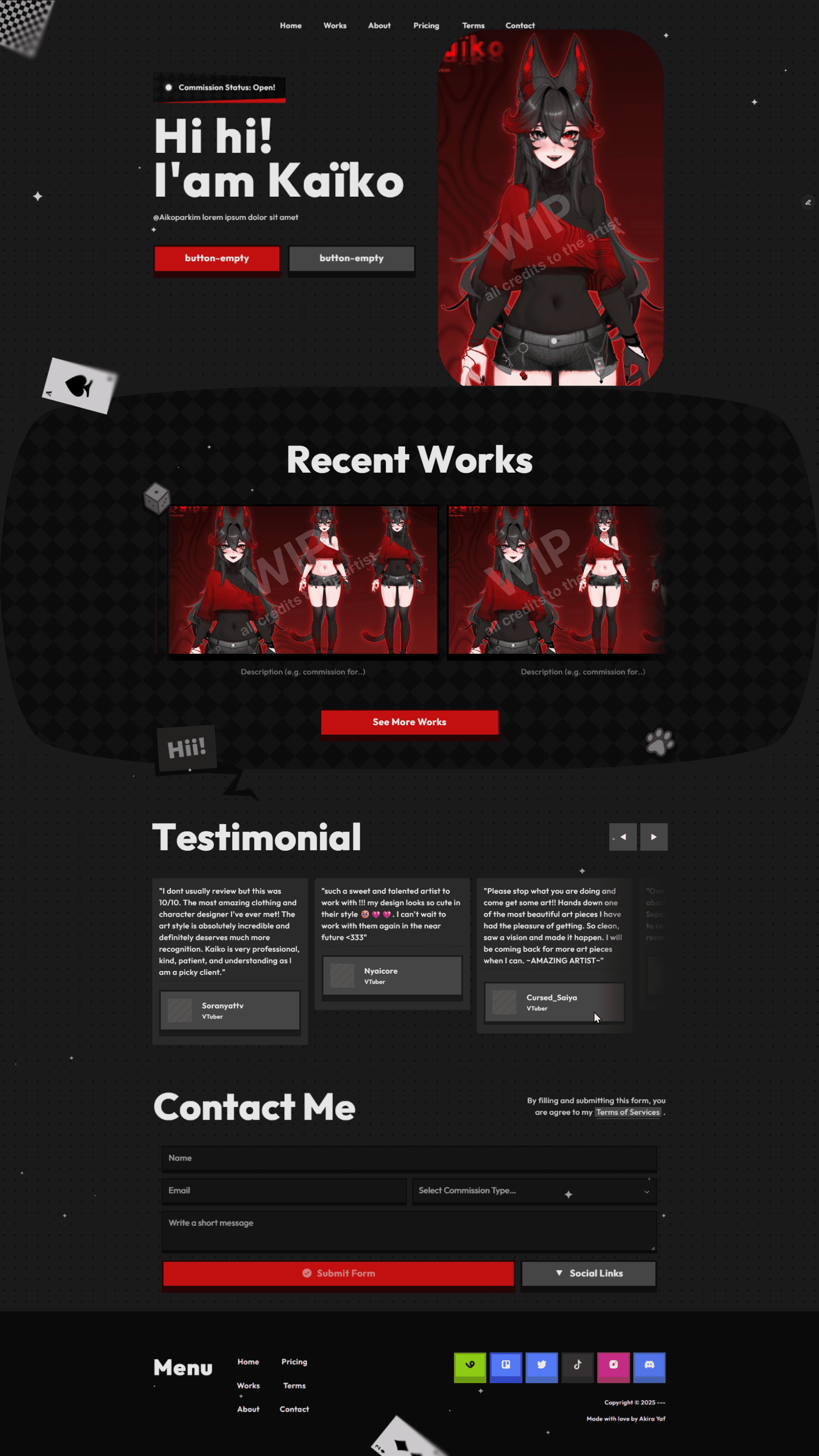 Interactive landing page for artist website with custom character reference