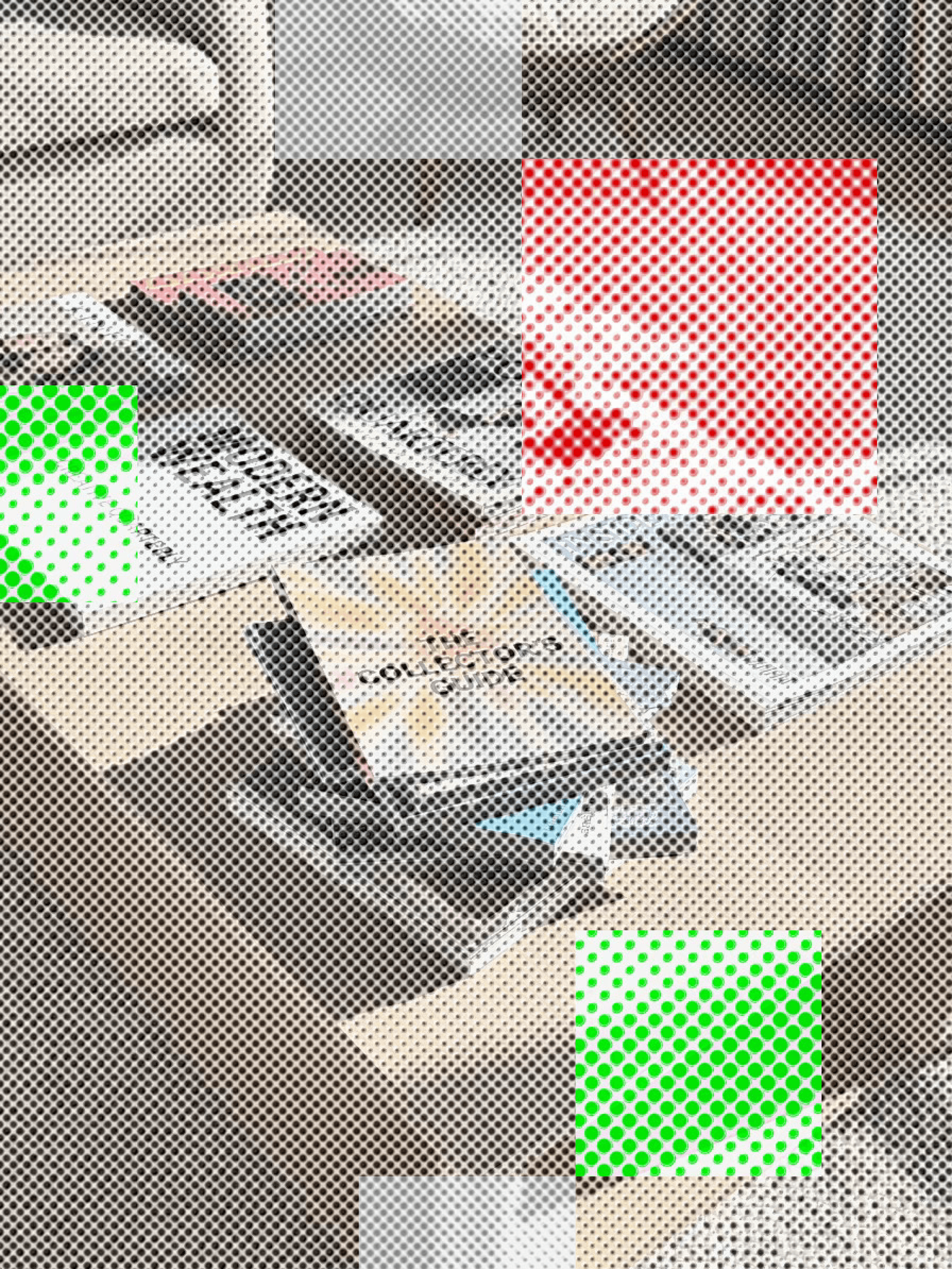 Retrica Halftone daily zine cover — everyday photos turned into a colorful halftone collage with red and green accents