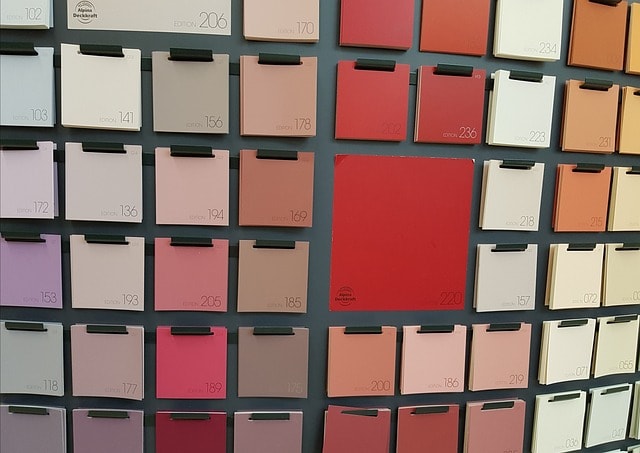 Color sample cards on a wall