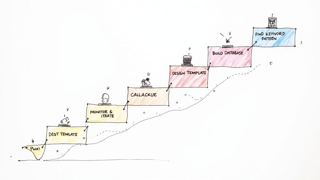 Hand-drawn diagram illustrating a 7-step process for programmatic SEO, from 'PHIKI' to 'FIND KEYWORD PATTERN'.