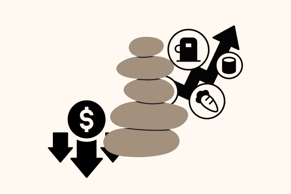  Gemini said An illustration symbolizing inflation and economic balance, featuring a central stack of five smooth, balanced stones. To the left, a dollar sign icon is positioned above three downward-pointing black arrows, indicating a decrease in currency value. To the right, icons for fuel, canned goods, and a carrot are positioned along a jagged upward-pointing black arrow, representing the rising cost of essential goods.