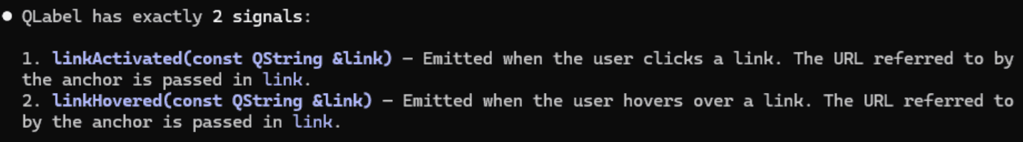 Claude Code's final answer listing QLabel's two signals, linkActivated and linkHovered, with their descriptions