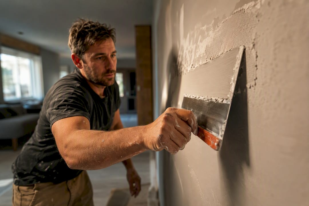 Contractor smoothing skim coat on wall