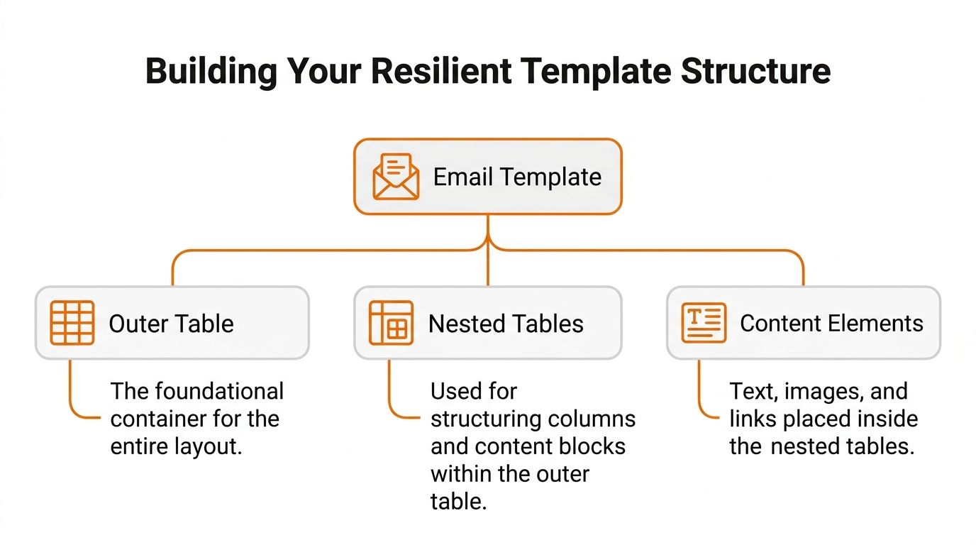 A diagram illustrating the resilient structure of an email template using outer tables, nested tables, and content elements.