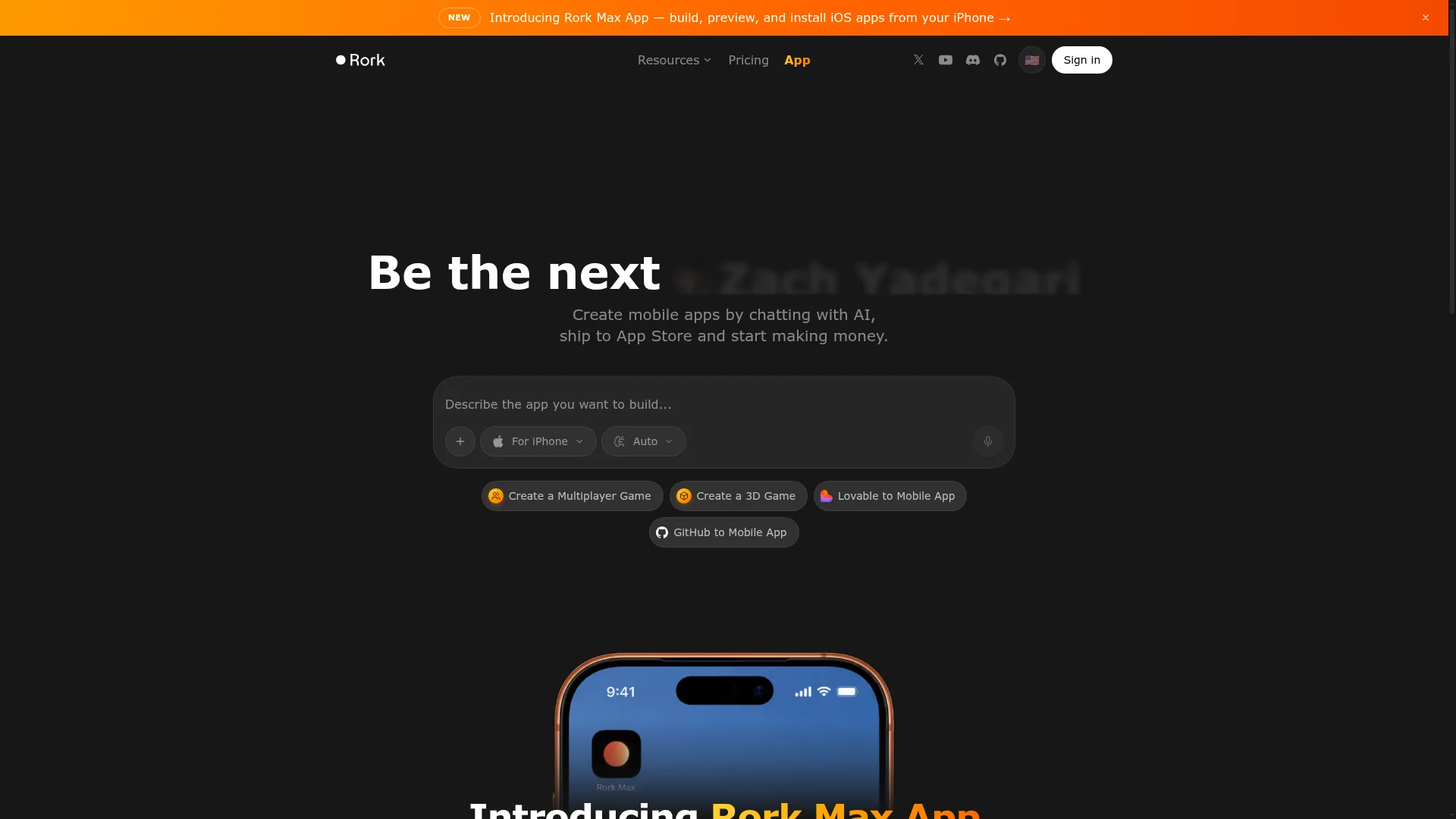 Rork homepage showing its AI mobile app builder that ships to the App Store