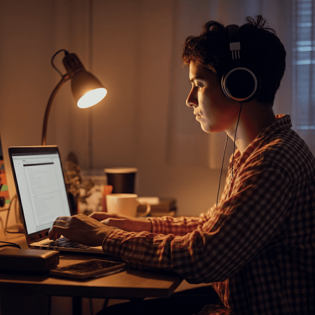 A person working on their home office desk with their headphones on. The lighting is dark with subtle,soft lights coming from a lamp