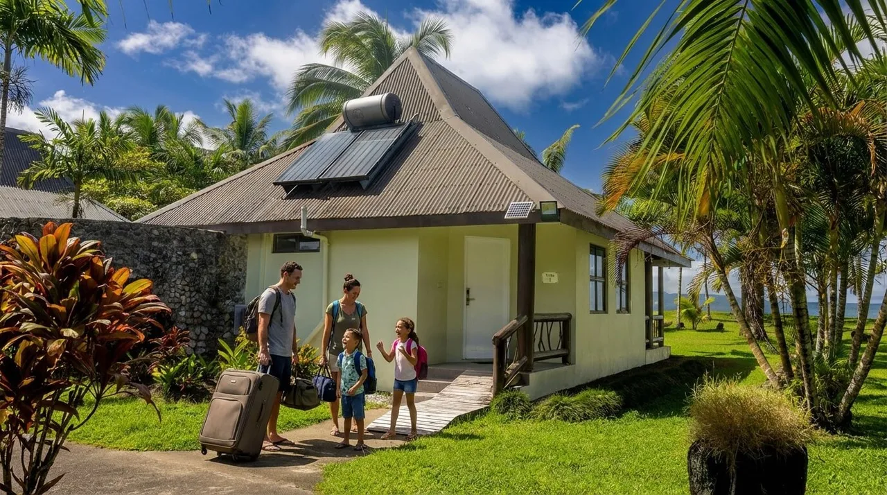 A family arrives with luggage at their tropical Fiji bure, featuring solar panels, lush greenery, and the ocean nearby.