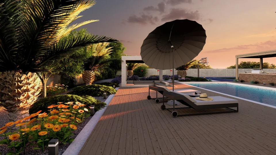 View of the pool surrounded by deck chairs from the lounge area.