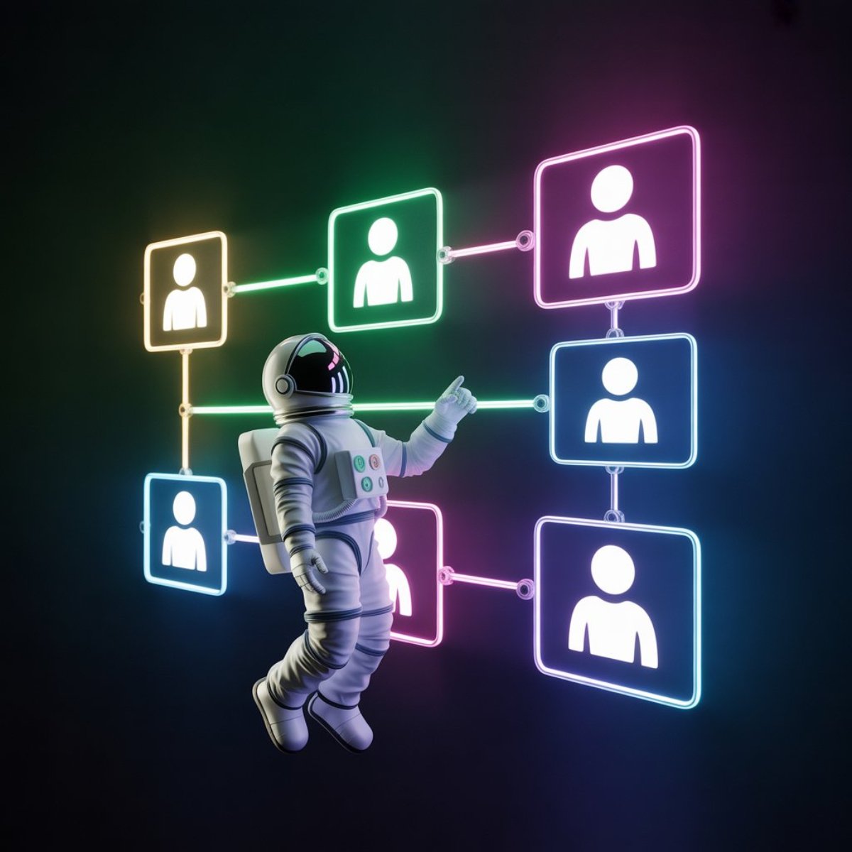 astronaught floating in space with 7 images of profiles in front of him