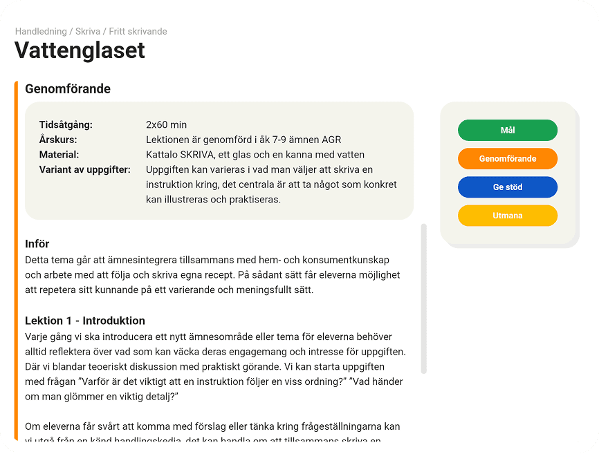 Lektionen Vattenglaset i lärarhandledningen med tidsåtgång, årskurs, material och avsnitten Inför och Lektion 1