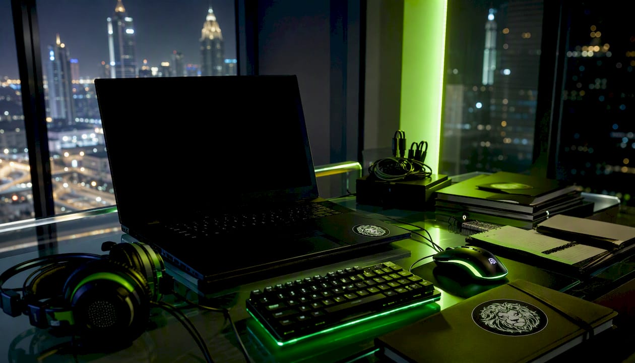 High-tech enterprise desk with gaming headset