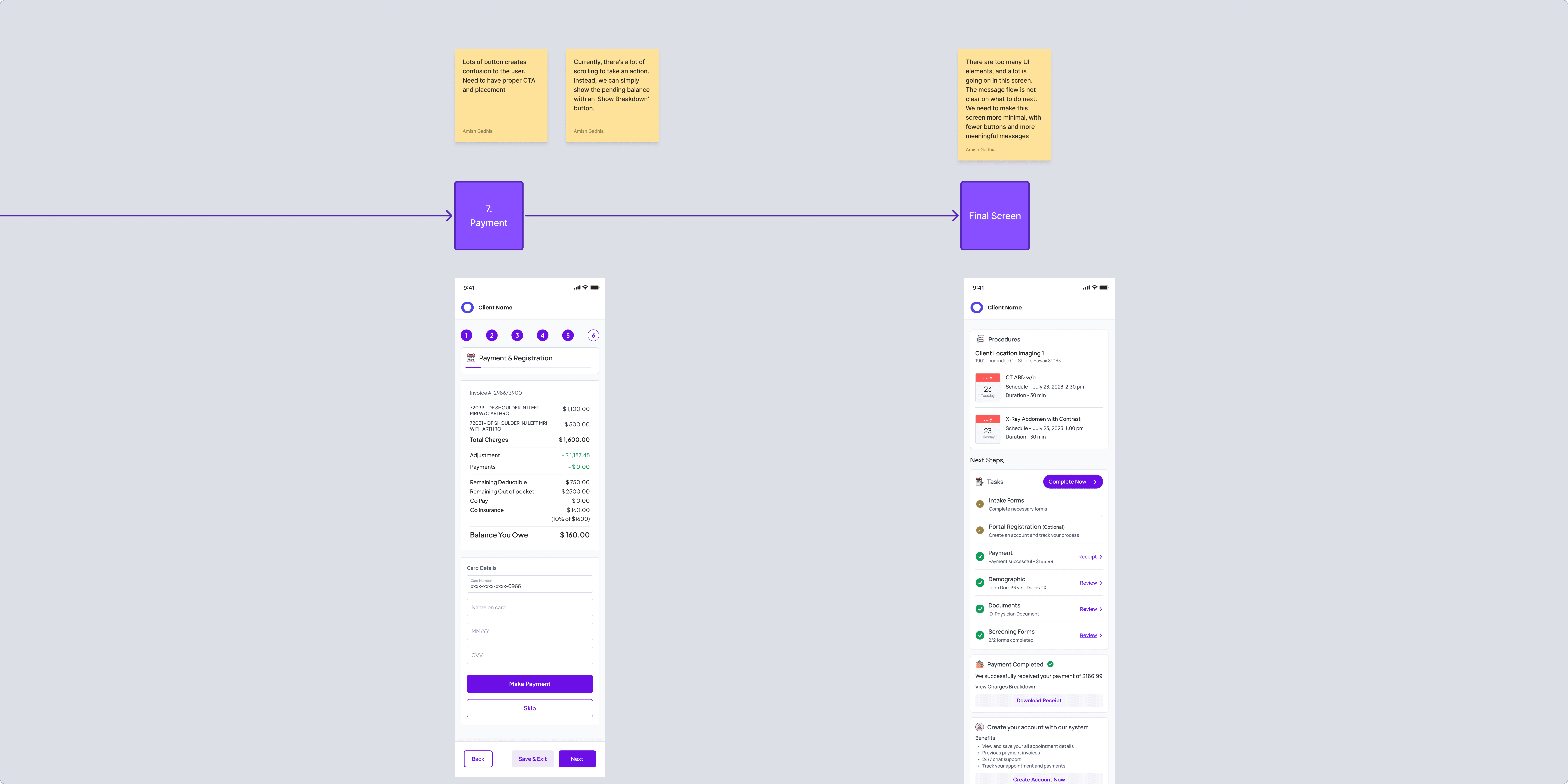 User flow of payment and final review section with ui screens and sticky notes. 