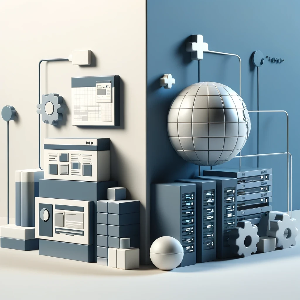 Split image comparing a simple website builder interface to a complex hosting server panel.