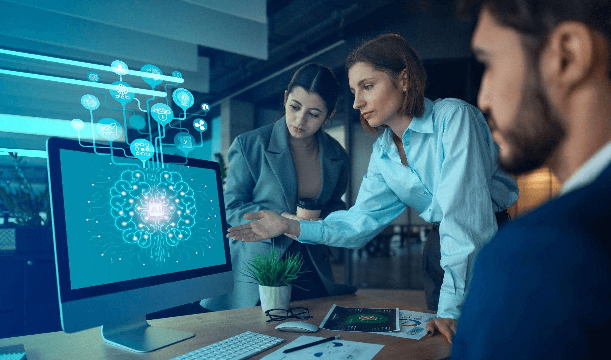  Professionals analyzing an AI brain graphic - Technical Screening Tools