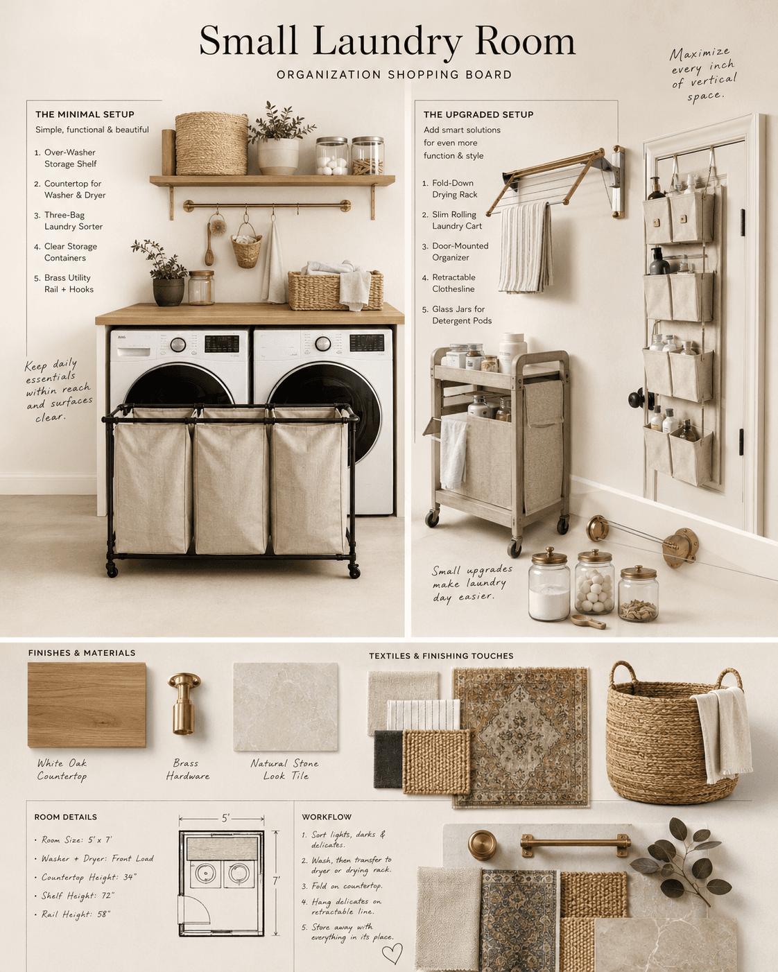 Laundry room organization essentials featuring white storage baskets, over-the-door organizers, rolling laundry hampers, utility carts, wall-mounted shelves, bamboo folding board, hanging hooks, clear storage containers, over washer storage shelf, wall-mounted fold dryer, slim laundry cart, labeled storage bins, retractable indoor drying rack, utility bags, laundry baskets, wooden brush, and folded towels for efficient and space-saving laundry room storage solutions.