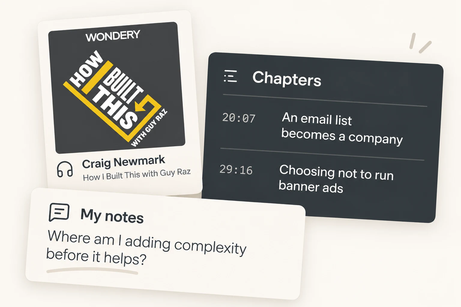 How I Built This show artwork beside two chapter cues and a learner note about useful simplicity.