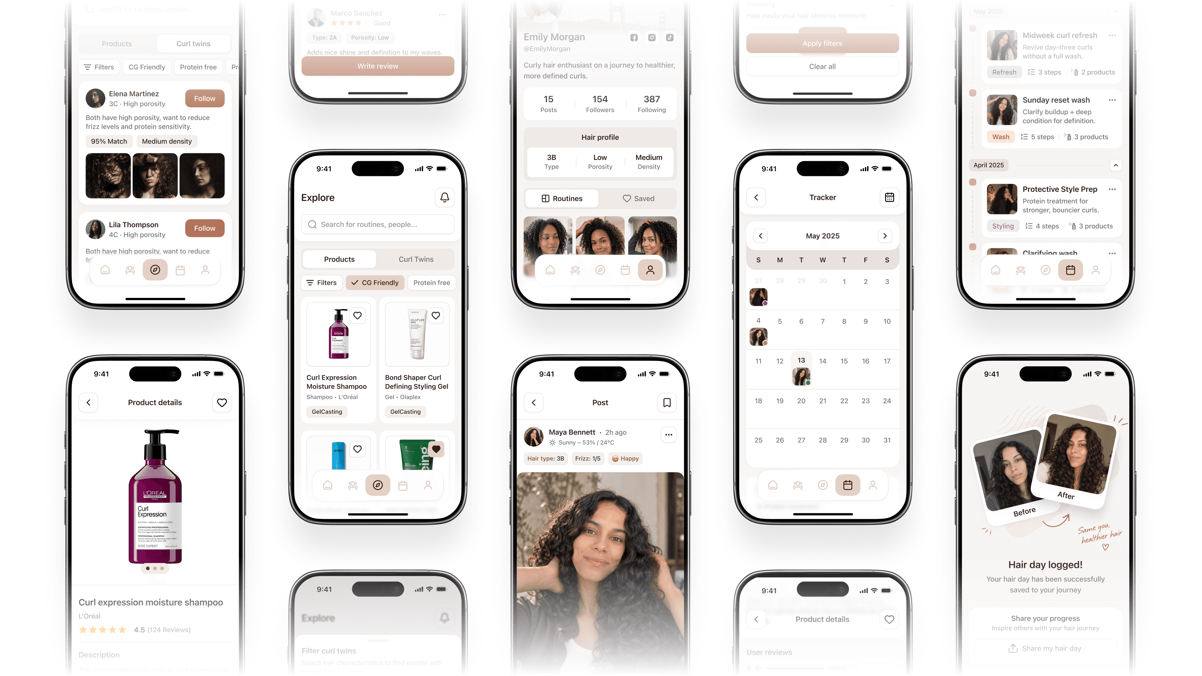 CurlsHub mobile app UI mockups displayed on iPhone screens, showcasing features like community feed, profile, routine tracker, product explorer, and before-and-after comparisons for curly hair care.