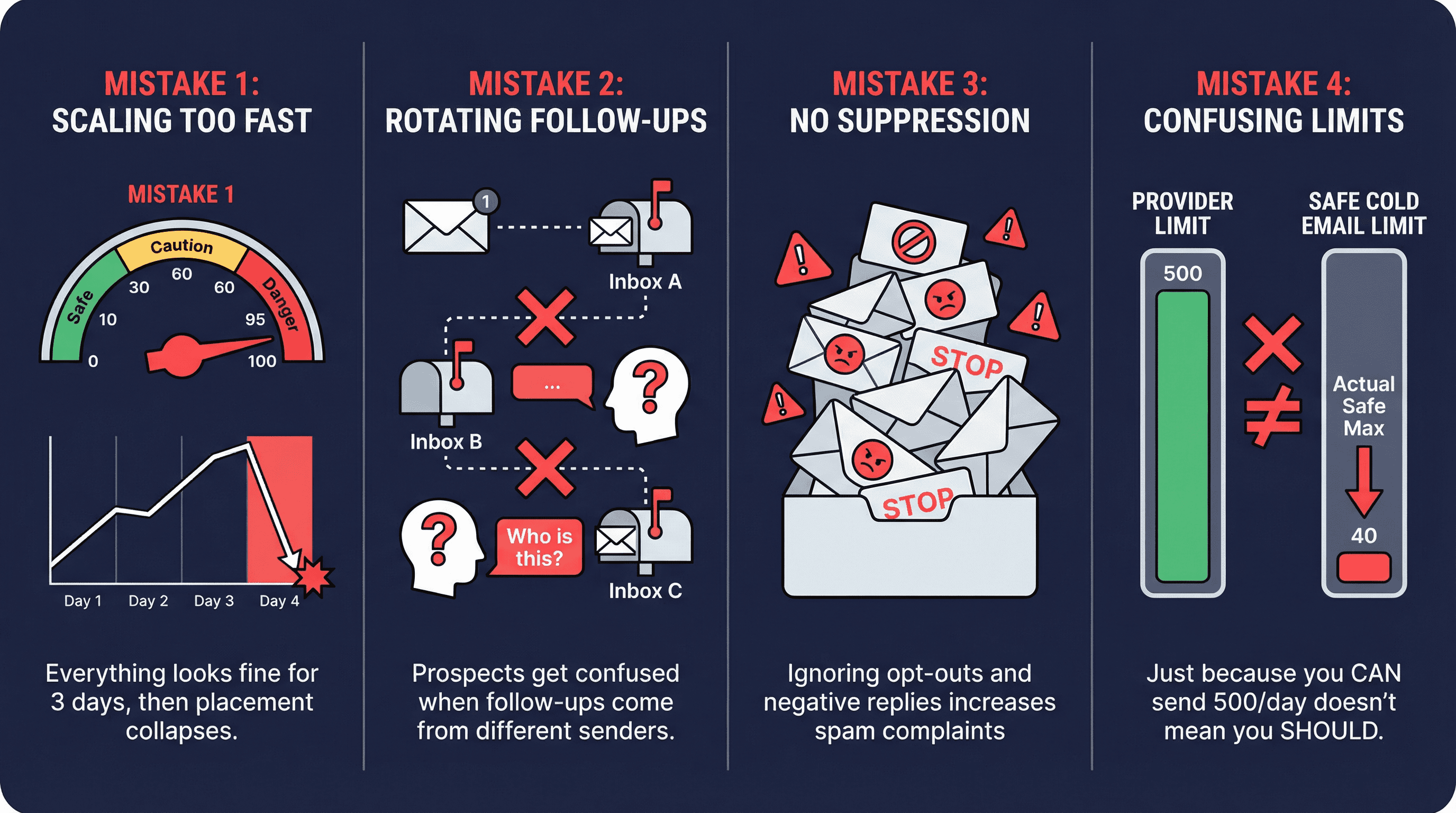 Four-panel warning infographic showing common inbox rotation mistakes: scaling too fast, rotating follow-ups, no suppression, and confusing provider limits