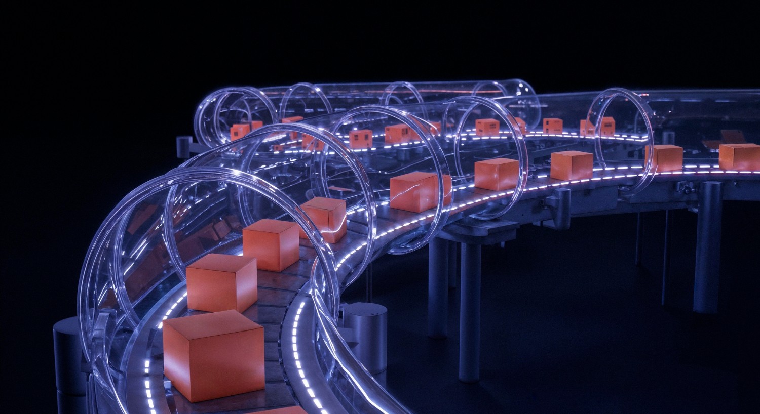 3D architectural model featuring futuristic transparent tubes and modular white boxes.