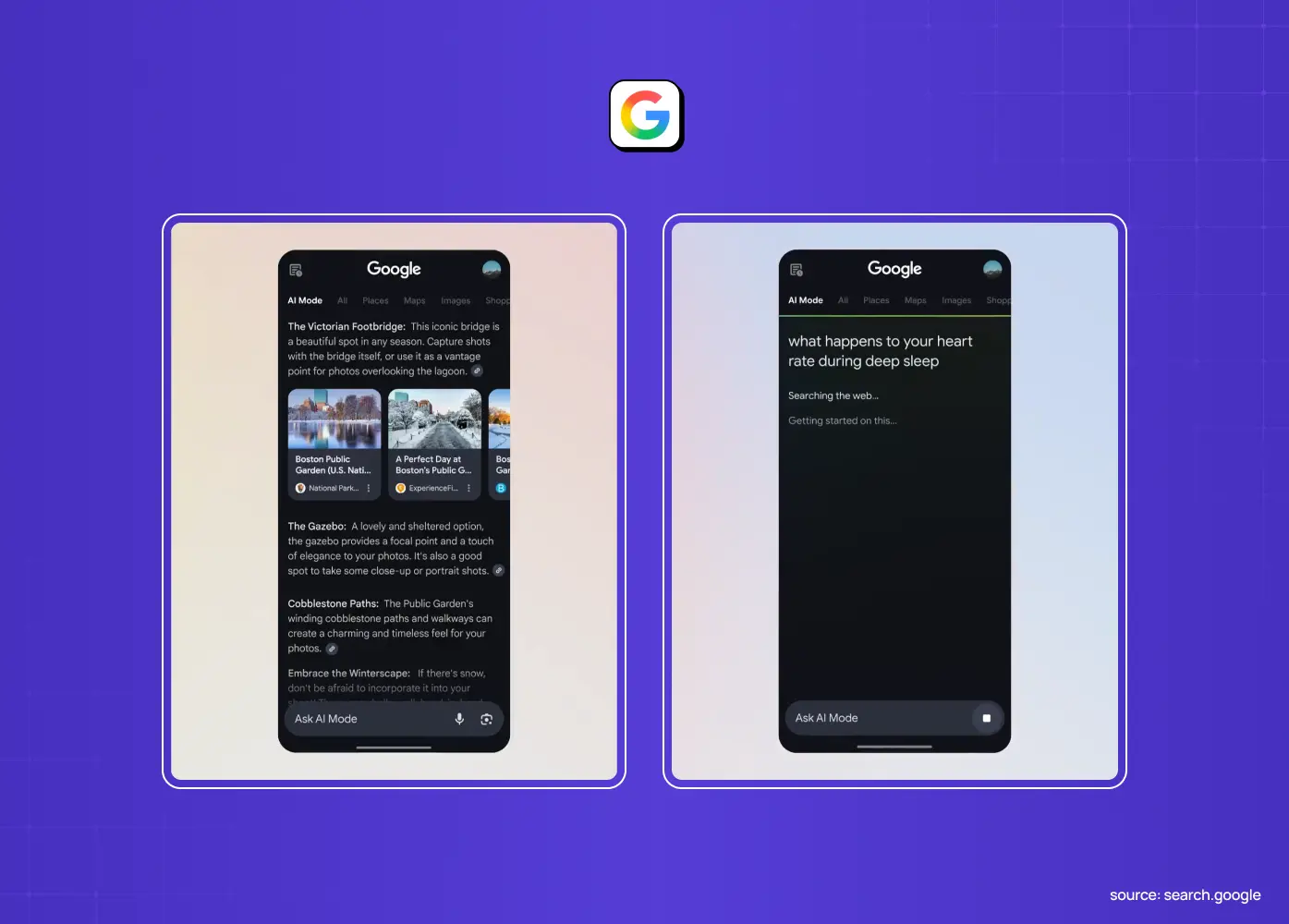 Comparison of Google AI Mode on mobile, showing a completed AI-generated response alongside an active search in progress.