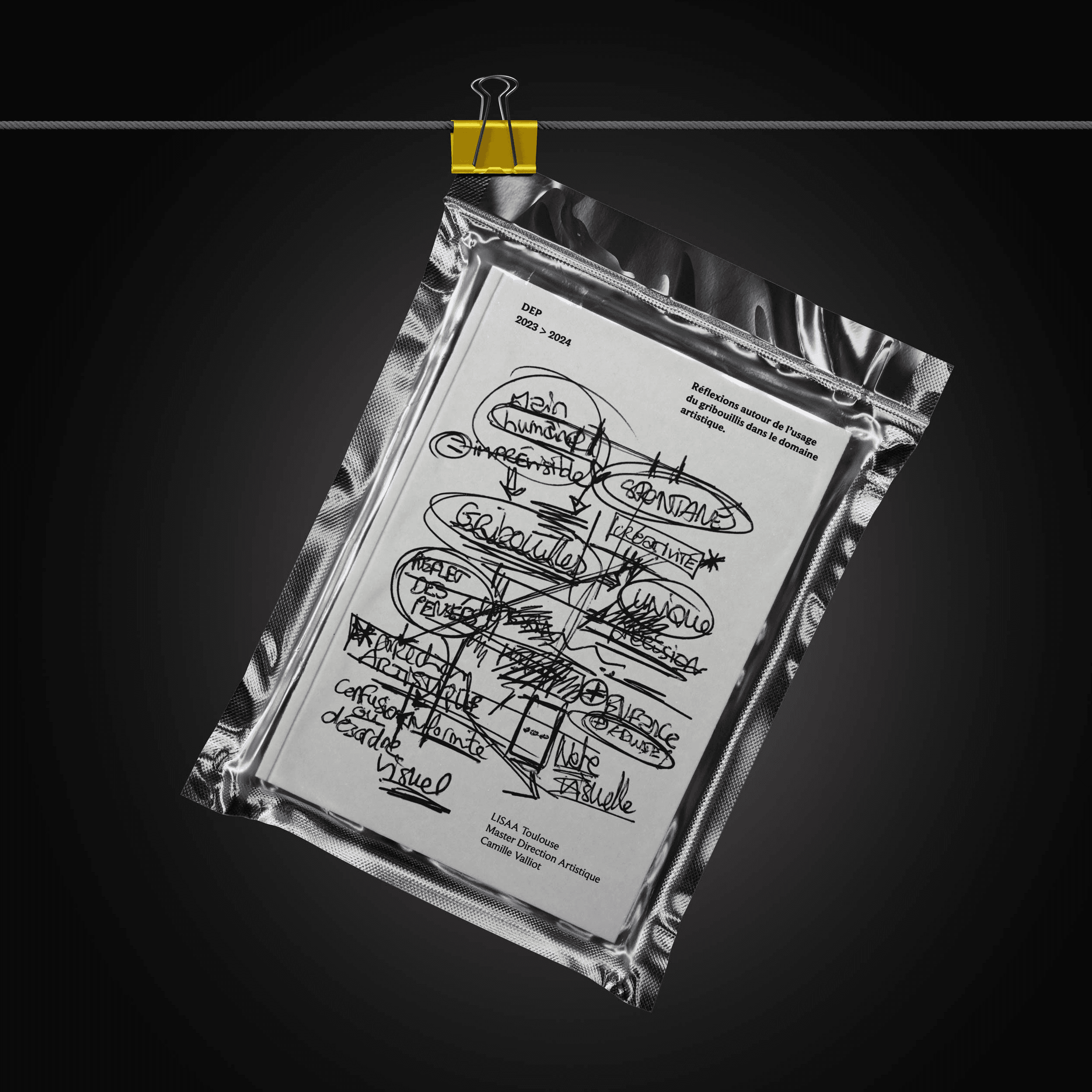 Couverture de magazine sous blister, design gribouillis noir et blanc 