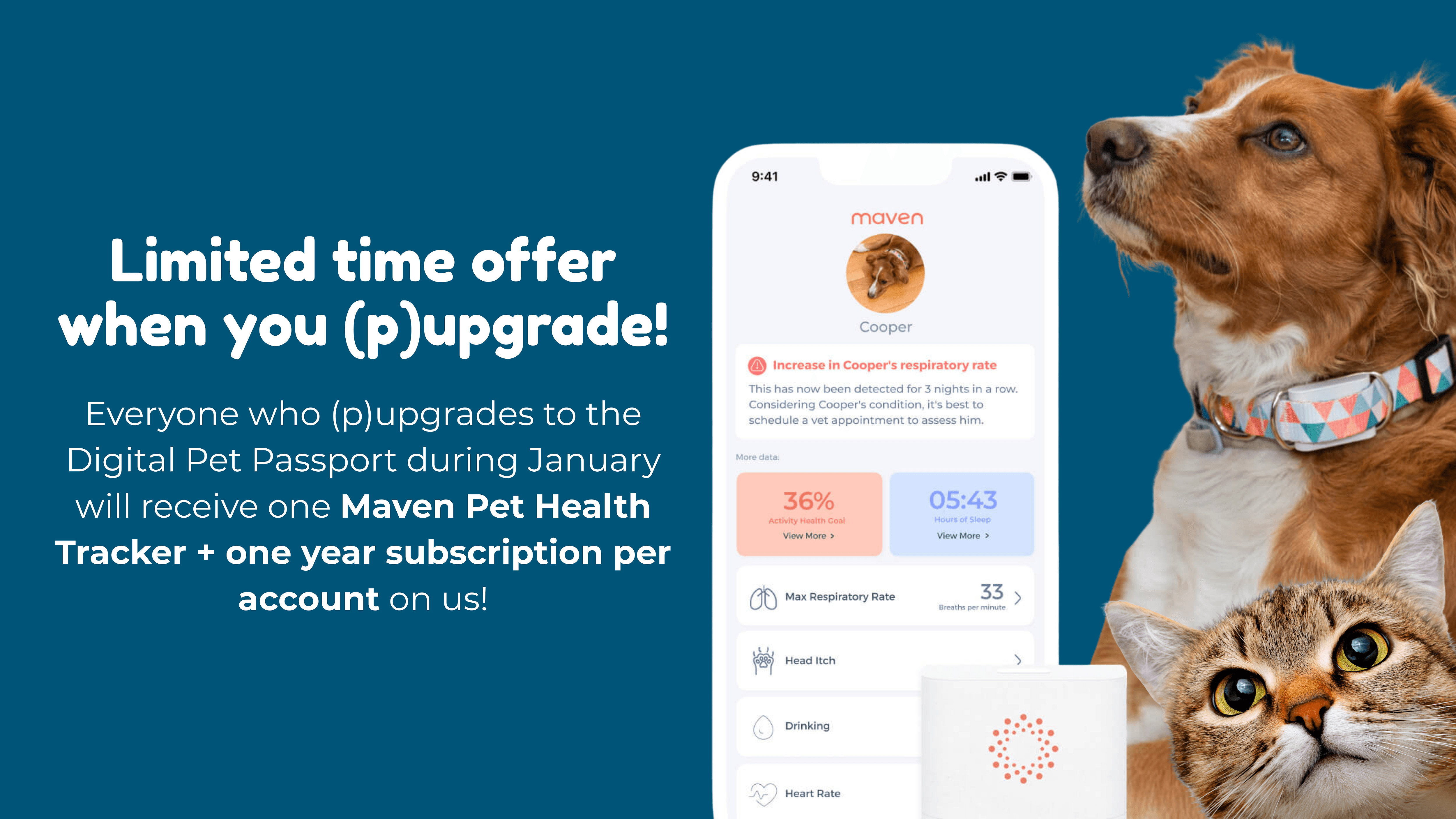 Maven Health Pet Tracker limited promotion with Padspass - Upgrade to the Digital Pet Passport and get one free Maven Health Pet Tracker + year subscription per account on us.