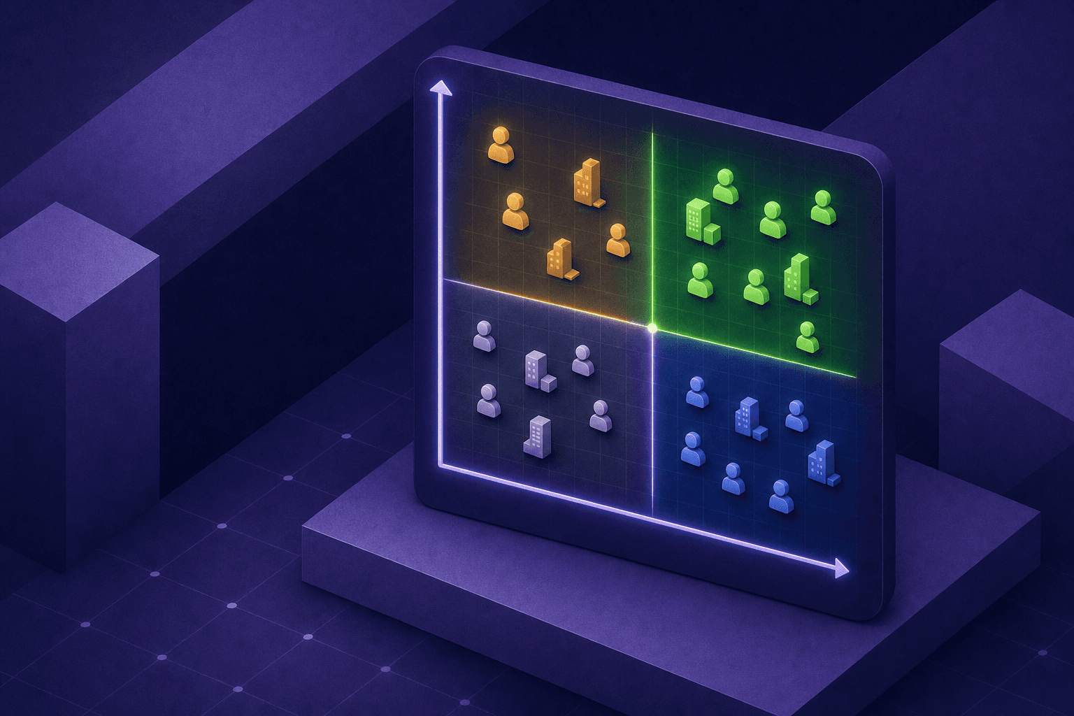 A clean, modern B2B data visualization diagram showing a two-axis scoring matrix. The horizontal axis represents company fit (firmographic match) and the vertical axis represents behavioral engagement. Four quadrants are color-coded: top-right quadrant glows in vibrant green indicating high-priority sales-ready leads, top-left in amber, bottom-right in blue, and bottom-left in muted gray. Small abstract icons representing companies and people are plotted as dots across the quadrants. The overall aesthetic is sleek, corporate, and data-driven with a dark navy background and subtle grid lines. No text, no words, no letters anywhere in the image.