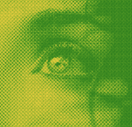 An eye with green and yellow filter