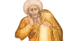 A historical painting of Averroes (Ibn Rushd), the renowned Andalusian philosopher and scholar, depicted in traditional Islamic attire with a white turban and gold robes, thoughtfully posed with a contemplative expression, symbolizing his contributions to philosophy and science.