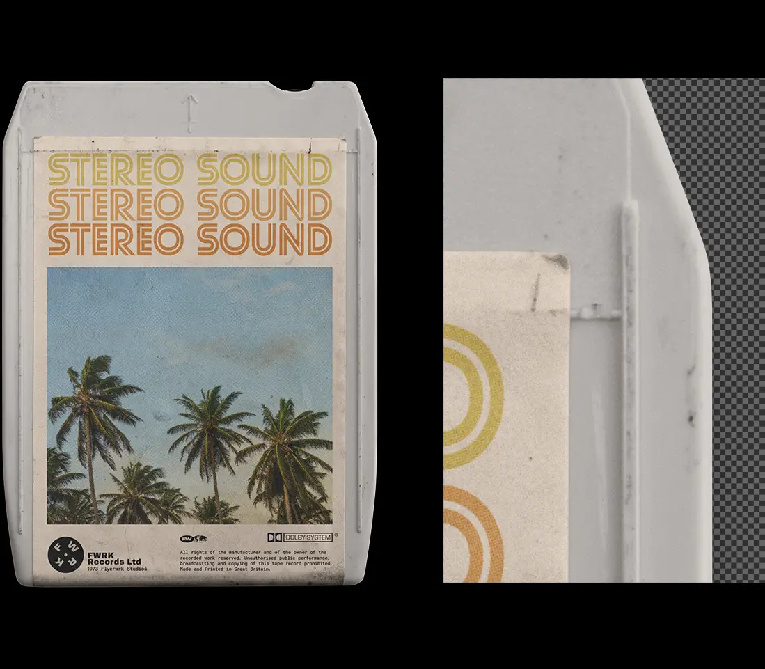 Detailed close-up of the 8-Track Cartridge Mockup highlighting realistic plastic scratches and paper textures
