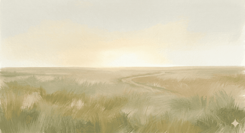 A serene landscape painting depicts an expansive, grassy field under a soft, golden sky at dawn, with a winding path leading toward the horizon.