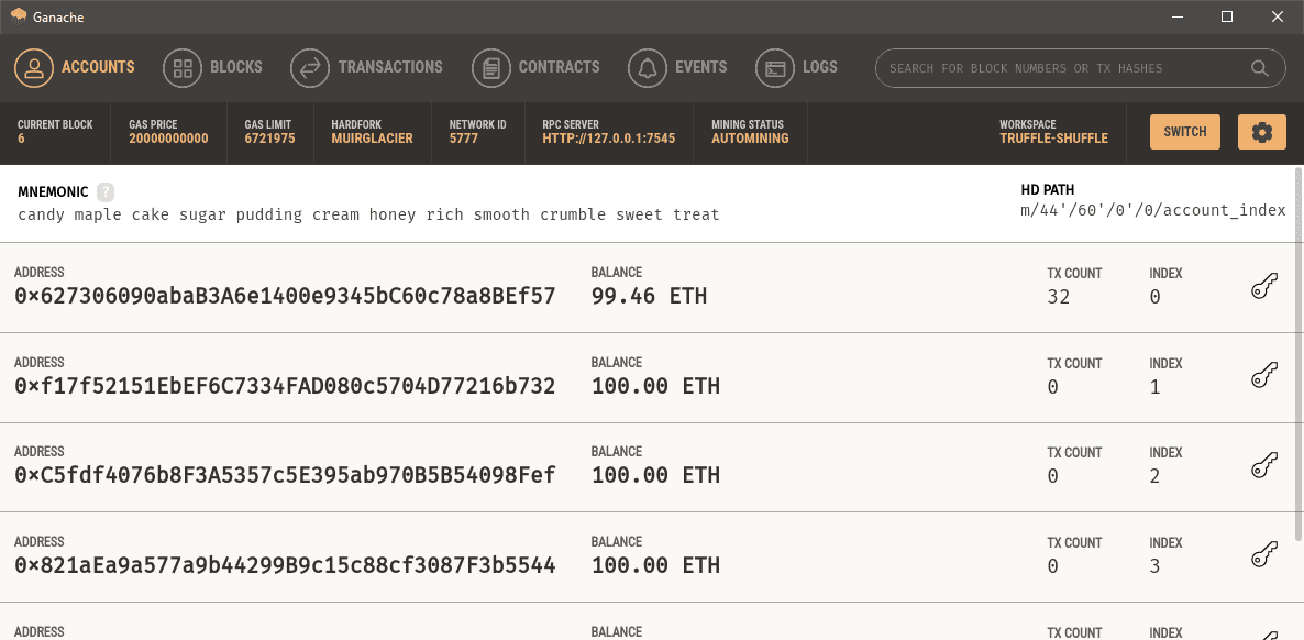 Interface of Ganache