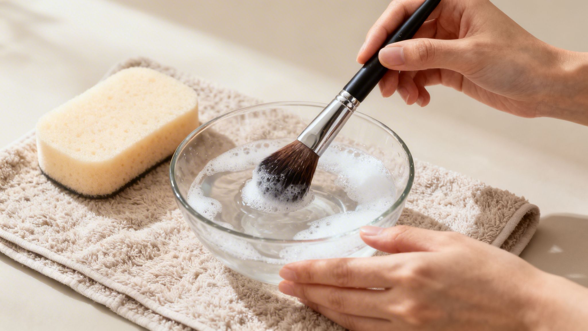 A person's hands are shown cleaning a makeup brush by swirling it in a bowl of soapy water.