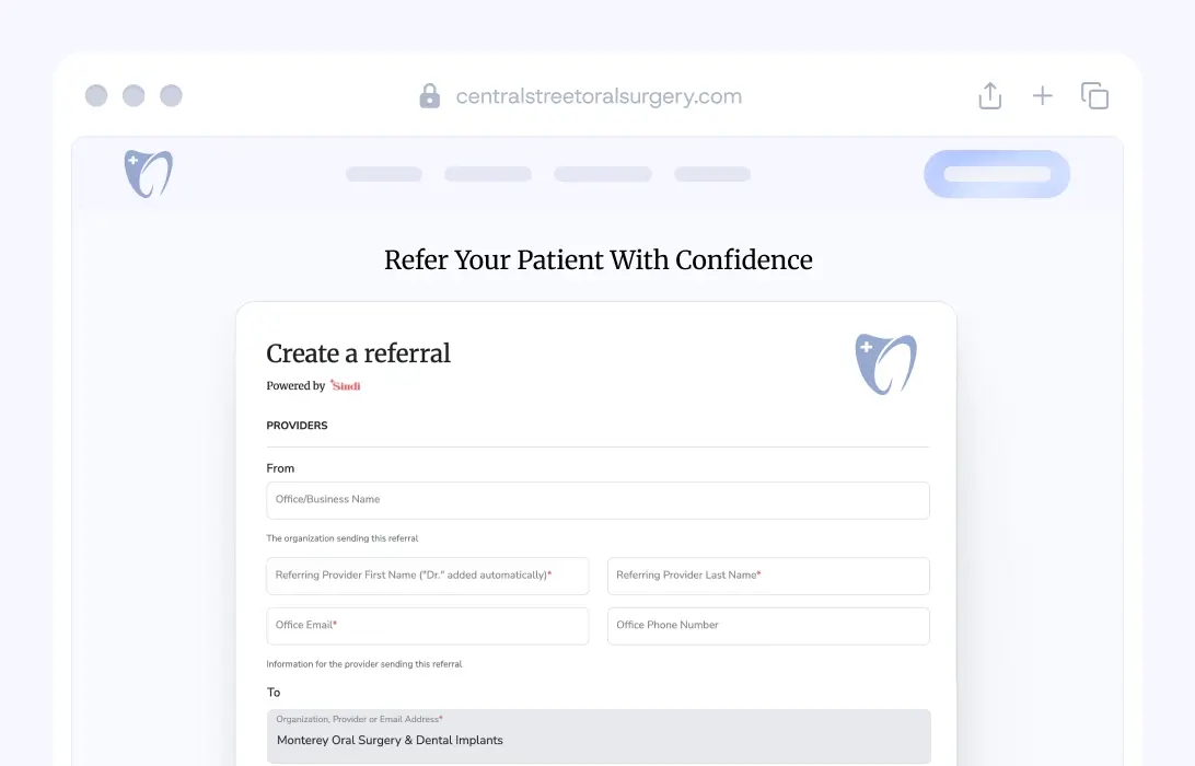 Digital dental referral form with patient details, treatment notes, and x-ray attachments
