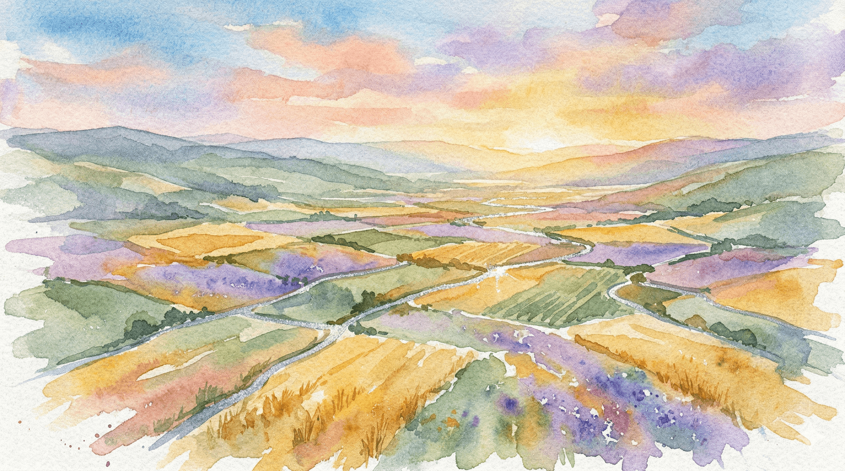 Watercolor aerial view of a colorful patchwork valley at sunrise