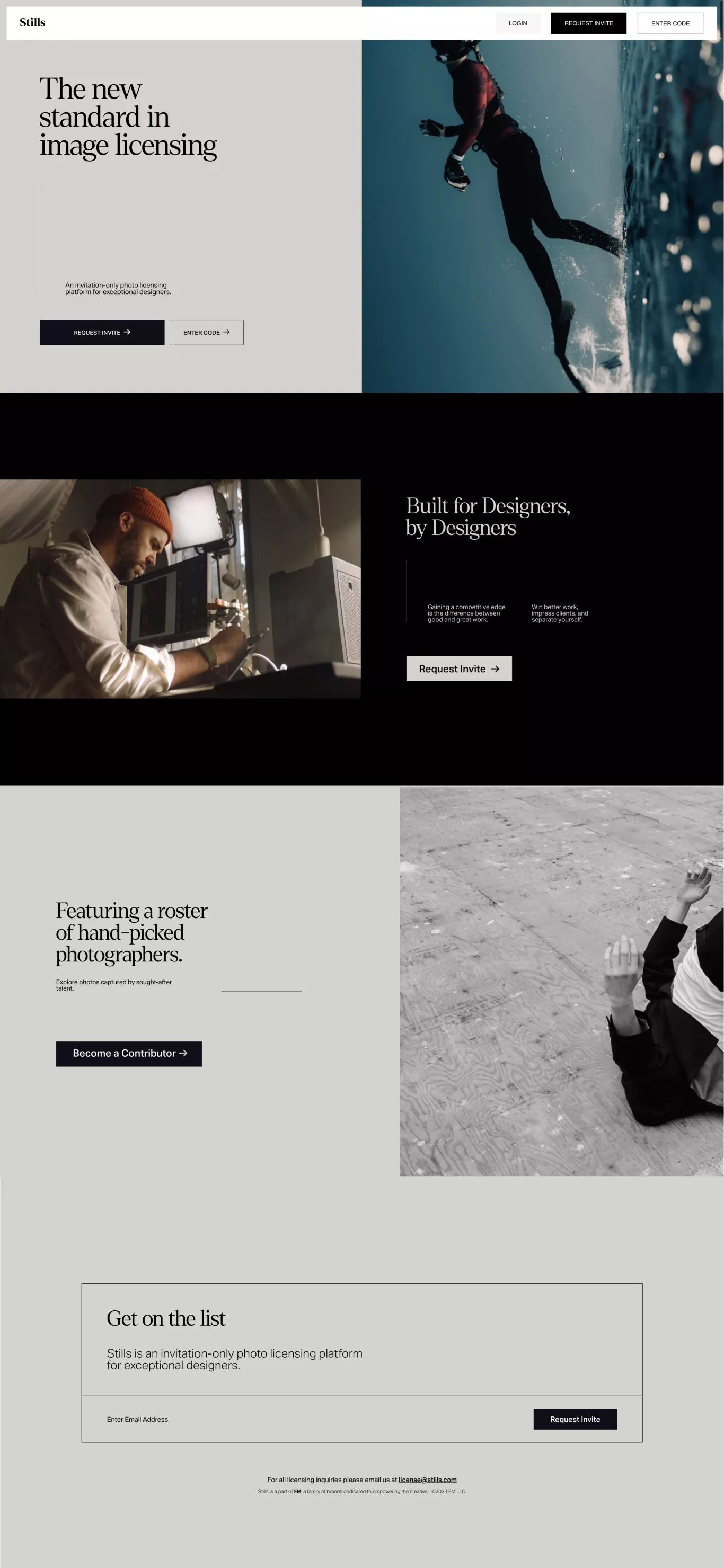 Introducing Stills: A new way for contri landing page screenshot showcasing Photography and Tech design