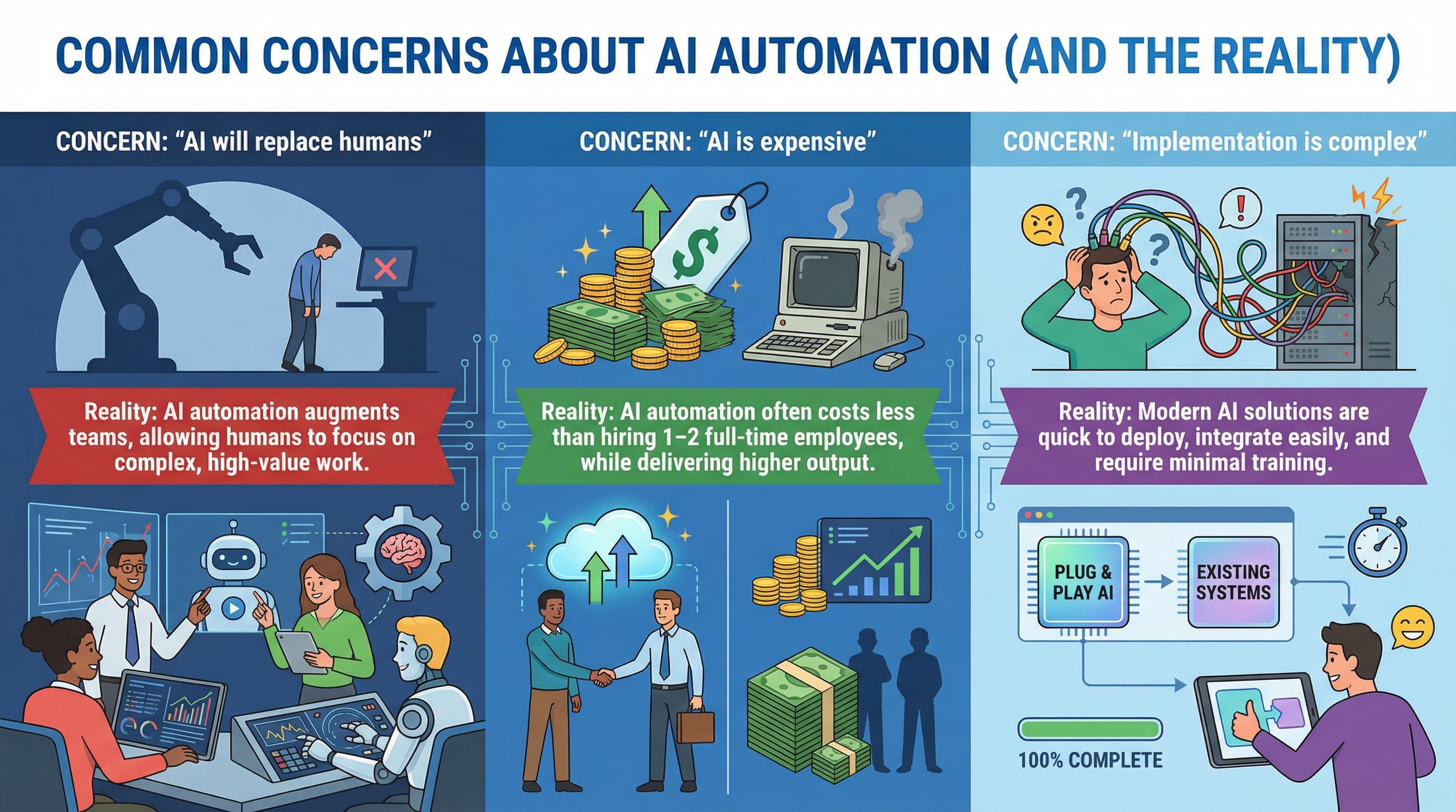 Infographic addressing common concerns about AI automation, including job replacement, cost, and implementation complexity, with real-world explanations