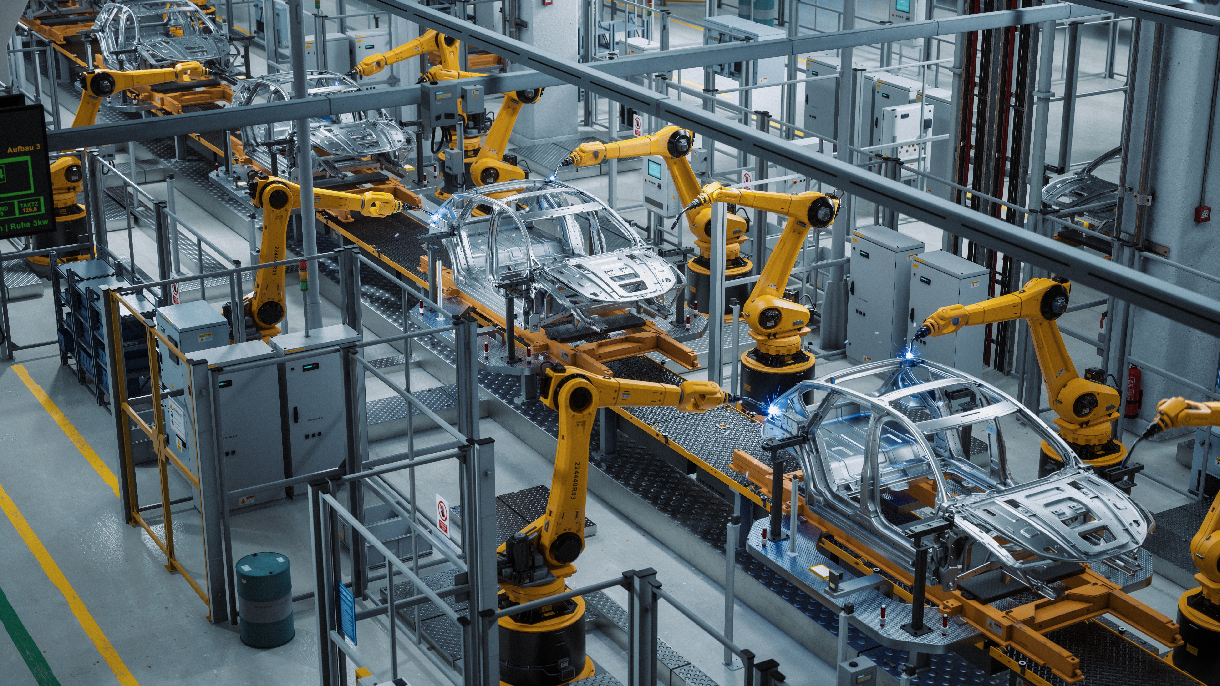Car Factory 3D Concept: Automated Robot Arm Assembly Line Manufacturing.