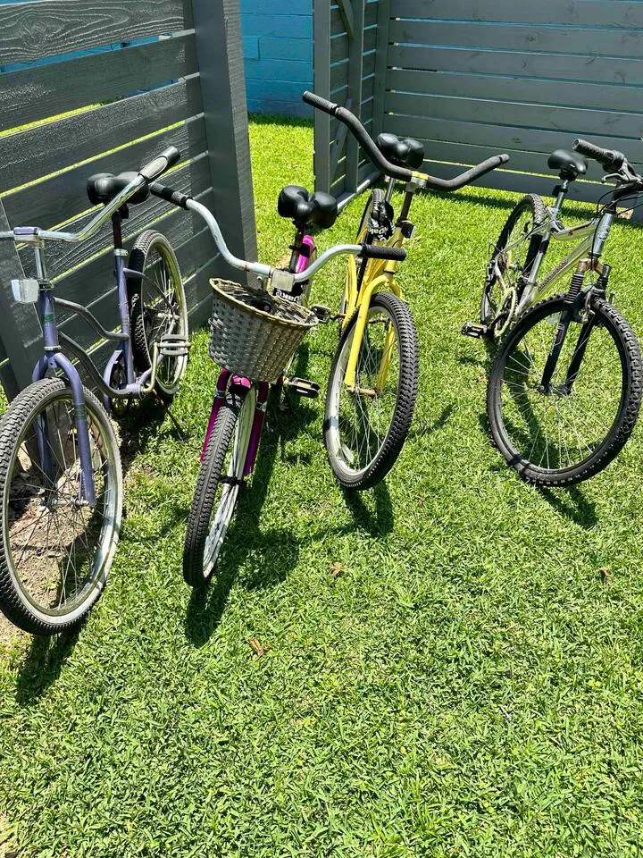 Four guest bikes parked on the lawn by the backyard fence