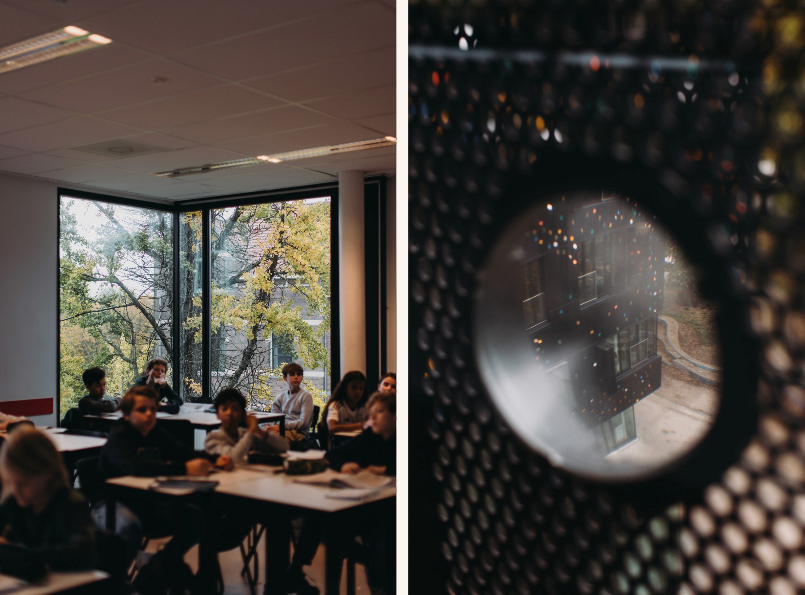 Interior photo of one of the more secluded classrooms in the MML, showing the sunscreen with prisma's
